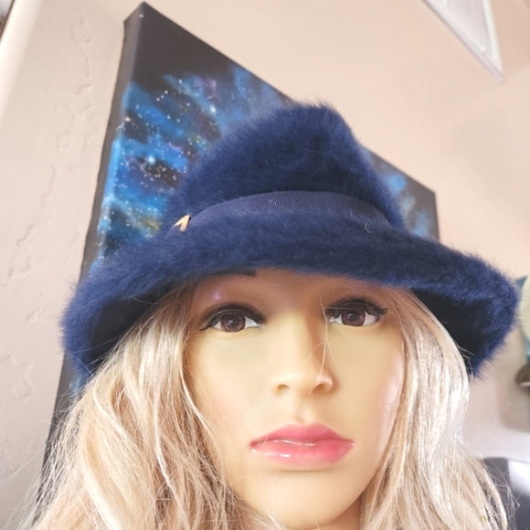 KANGOL Vtg NAVY Furgora Rachel Angora Bucket Hat Buckle England Furry EUVC - Picture 15 of 16